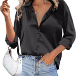 Nadorine Women's Satin Blouse V-Neck Causal Satin Blouses (DE Only)