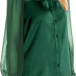 Womens V Neck Button Down Shirts Satin Silk Blouse Mesh Long Sleeve Casual Work Tops - Nadorine (Us Only)