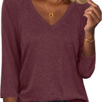 Nadorine 3/4 Length Sleeve Womens Tops Casual V Neck Shirts Soft Basic Tees Business Work Blouses