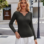 Nadorine Long Sleeve T Shirts Casual V Neck Ribbed Tunic Tops