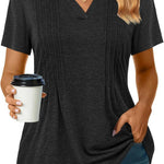 Nadorine Short Sleeve Polo T Shirts Pleated V Neck Tee