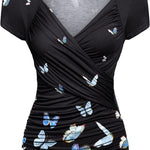 Nadorine Cross-Front V Neck Ruched Short Sleeve Blouses