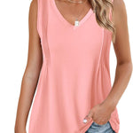 Nadorine Pleated Tank Tops Loose Fit V Neck Sleeveless Tops