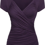 Nadorine Cross-Front V Neck Ruched Short Sleeve Blouses