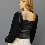 Womens Blouses Long Sleeve Crop Tops Square Neck Sexy Casual Slim Fitted Velvet Tops S-3XL - Nadorine (Us Only)