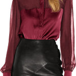 Womens V Neck Button Down Shirts Satin Silk Blouse Mesh Long Sleeve Casual Work Tops - Nadorine (Us Only)