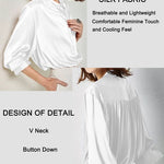 Women's Silk Button Down Shirts V Neck Long Sleeve Casual Work Office Blouse Top - Nadorine (Us Only)