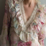 Romantic Floral Sheer Chiffon Ruffle Blouse With Lace Neckline