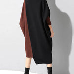 Casual Loose Split-Joint Contrast Color High-Neck Long Sleeves Dress