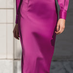Magenta Satin Shirt Midi Dress With Belted Waist