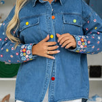 Women's Floral Embroidered Denim Jacket Colorful Button Down Jean Coat Casual Washed Shacket