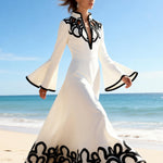 A-Line Flared Sleeves Abstract Printed Contrast Color Hollow Line Split-Joint Stand Collar Maxi Dresses