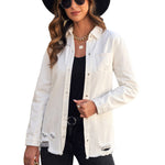 Nadorine Button Denim Jacket Distressed Ripped Long Sleeve Cute Jean Coat