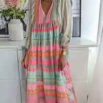 Geometric Color Block Bohemian Casual Pleated Patchwork Long-sleeved V-neck Dress