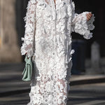 Solid Color Hollow Embroidery Loose Long Sleeve Midi Dress