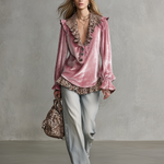 Retro V-neck Leopard Print Ruffled Hem Velvet Shirt