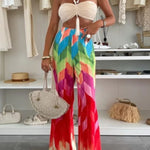 Welcome To Summer Shell Tassel Halter Stretch Bra and Colorful High Rise Wide Leg Pants Set