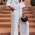 Solid Color Lapel Casual Button-down Shirt and Loose Pocket Slit Wide-leg Pants Set