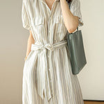 Short Sleeve Vertical Stripe Waist Shirt Dress with Belt