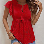 Nadorine Eyelet Tie-Neck Flutter-Sleeve Top Solid Color Casual Blouse for Women Casual Work Office Loose Fit 2026 | Under $40