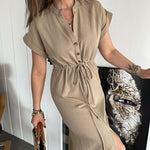 Nadorine Women's Cotton Linen Dress Round Neck Single Breasted Button Sleeves Drawstring Slit Mid Length Dress