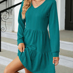 Solid Color Patchwork V-Neck Long Sleeves Loose-Fitting A-Line Dress