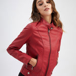 Stand Up Collar Solid Faux Leather Jacket