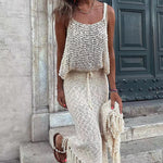 Hollow Suspenders Sleeveless Top Drawstring Tassel Hem Skirt Two-piece Set