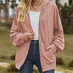 V-Neck Zipper Closure Solid Color Long Loose Hoodie Jacket