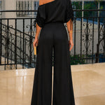 Women's Satin Two Piece Set Convertible Shoulder Drawstring Sleeve Top and Wide Leg Pants Set without Belt