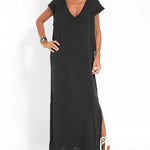 Nadorine Women's Casual V-neck Short Sleeve Loose Fit Slit Dress