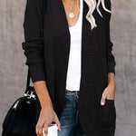 Long Sleeve Open Front Cardigans Curved Fly Pocket Sweater Outwear