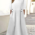 Nadorine Women's Casual Loose Round Neck Cotton Linen Long Dresses with Pockets