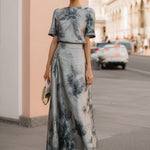 Ethereal Silver-Grey Floral Printed Two-Piece Maxi Set