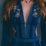 Boho Blue Velvet Zipper Front Lace Trim Embroidered Mini Dress