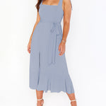Tie-straps Ruffled Square Collar Sleeveless Slit Mid-length Dress