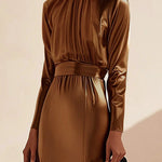 Long Sleeves Loose Pleated Shiny Solid Color Split-Joint Tied Waist High Neck Evening Dresses Maxi Dresses