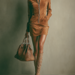 Women's Caramel Brown Faux Suede Stand Collar Zipper Mini Dress