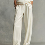 Women's Cream Soft Knit Chic Turtleneck Top & Flowy Wide-Leg Pant Set