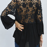 Nadorine Lace Boho Blouses Crochet Flowy Bell Sleeve Button Down Casual T Shirts