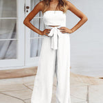 Solid Off Shoulder Bandeau Tube Tops Wide Leg Jumpsuit One Piece Cutout Tie Knot Romper Outfit