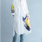 White Asymmetric Printed Split-Side Long Sleeves Shirt Dress