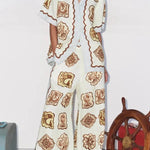 Lakeside Breeze Linen Blend Unique Print Elastic Waist Pocket Wide Leg Pants
