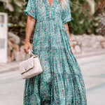 Sky Blue Paisley Print Split V Neck Tiered Boho Maxi Dress