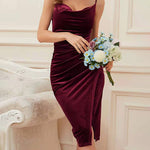 Slit Pleated Velvet Slip Evening Dress
