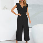 Nadorine Women's Casual Loose Jumpsuit V Neck Sleeveless Solid Ruffle Pleated Wide-leg Long Playsuit with Belt