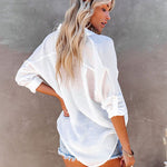 Nadorine Solid Color V Neck Long Sleeve Button Down Blouse with Pockets