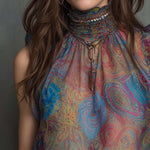 Retro Pleated Neck Paisley Chiffon Tank Top