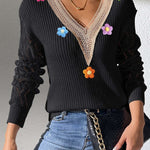 Black Crochet Flower V Neck Pullover Sweater