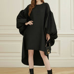 Batwing Sleeves High-Low Pleated Solid Color Split-Joint Round-Neck Midi Dresses
